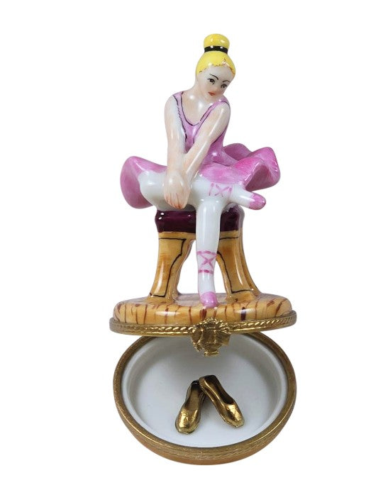 Pink Ballerina w Gold Shoes, Blond Hair Limoges Box, view 2