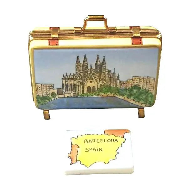 Barcelona Suitcase Limoges Box for Travel Lovers, a hand-painted Limoges porcelain gift