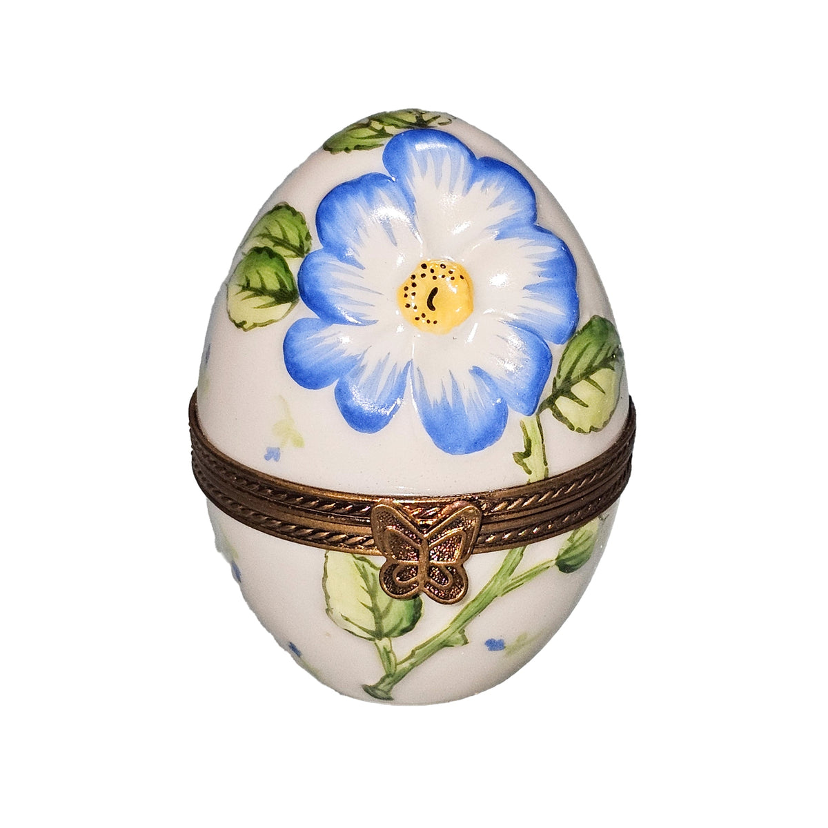 Beige Egg with Embossed Blue Flower, a hand-painted Limoges porcelain gift