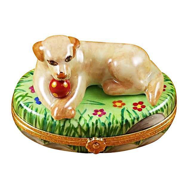 Beige Labrador Dog w Ball Limoges Box, a hand-painted Limoges porcelain gift