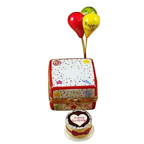 Birthday Cake with Balloons & Confetti Limoges Box, a hand-painted Limoges porcelain gift