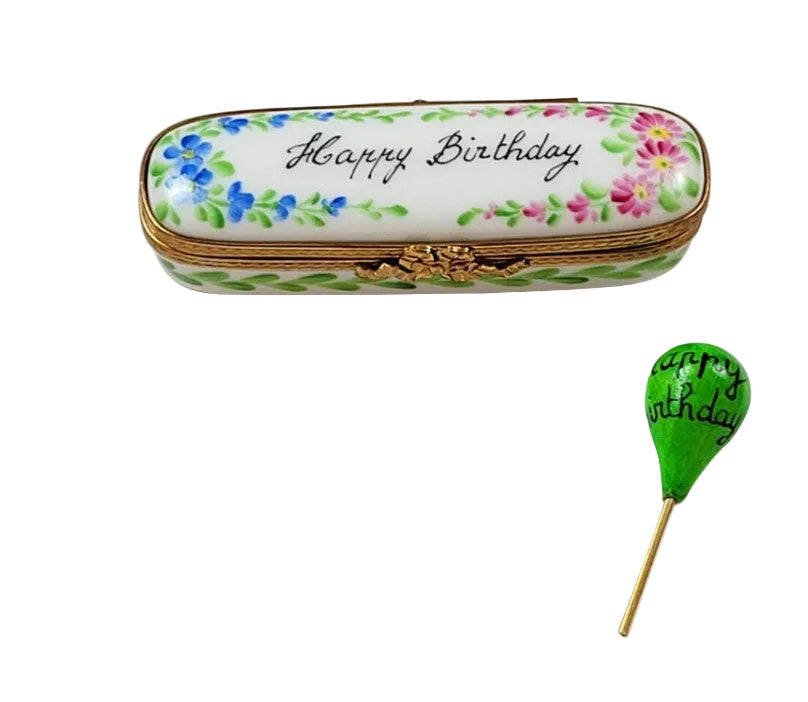 Oblong Happy Birthday Box with Balloon., a hand-painted Limoges porcelain gift