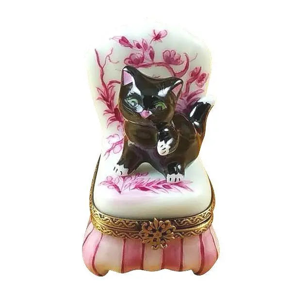 Black Cat on Toile Chair by Rochard, an authentic French Limoges box from Limoges Boutique