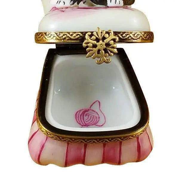 Fine French craftsmanship on the Black Cat on Toile Chair Limoges box, painted by hand