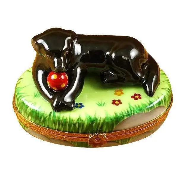 Black Lab Dog Ball Limoges Box, a hand-painted Limoges porcelain gift