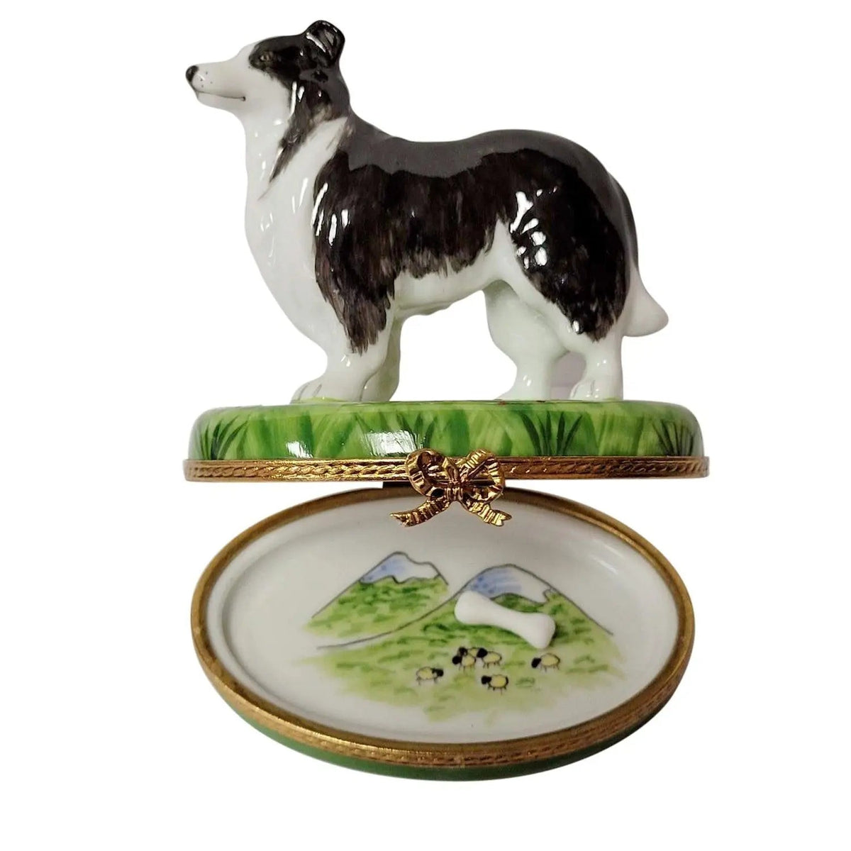 Black White Collie Dog Limoges Box with Removable Bone, view 2