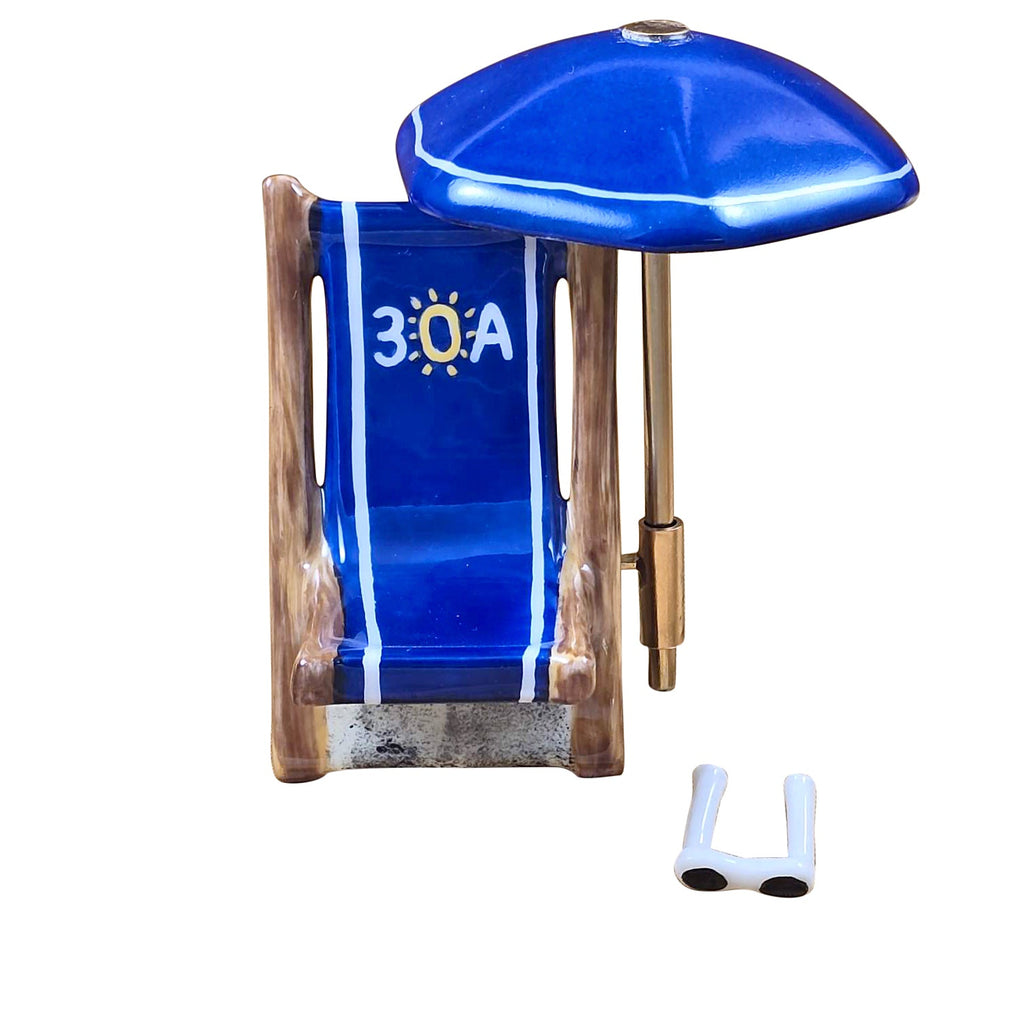 Blue Beach Chair w Removable Umbrella, a hand-painted Limoges porcelain gift