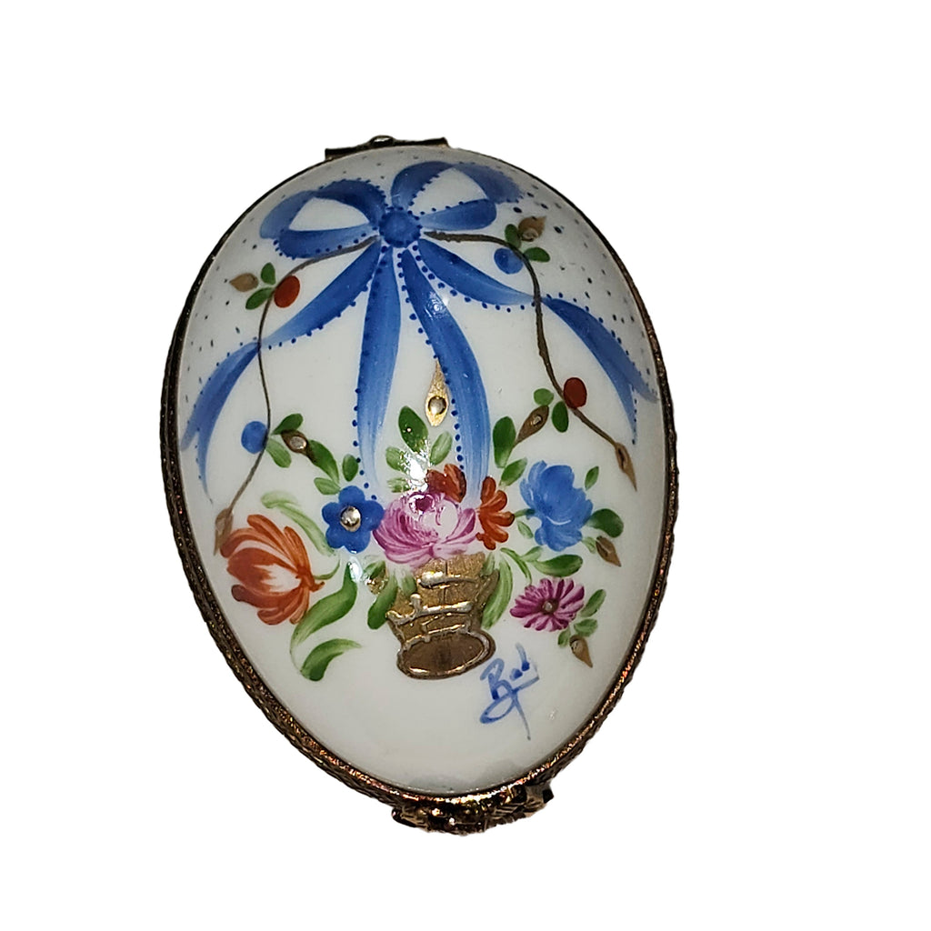 Blue Porcelain Egg w Painted Bow Flowers Marie Antoinette, a hand-painted Limoges porcelain gift