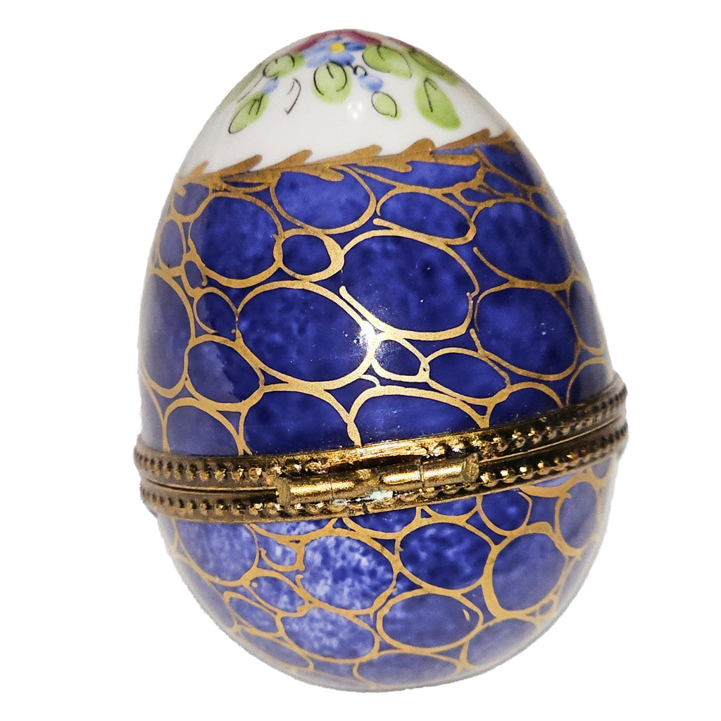 Egg w Flowers Atop, Dark Blue Gold WebLike Limoges Box, view 3