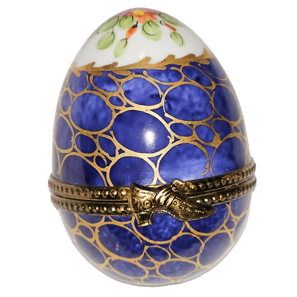 Egg w Flowers Atop, Dark Blue Gold WebLike Limoges Box, a hand-painted Limoges porcelain gift