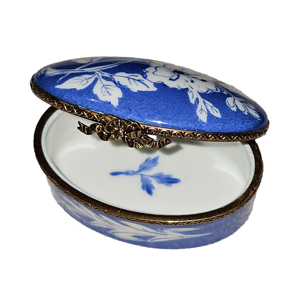 Blue Oval w White Flowers Limoges Box for Home Decor, view 2