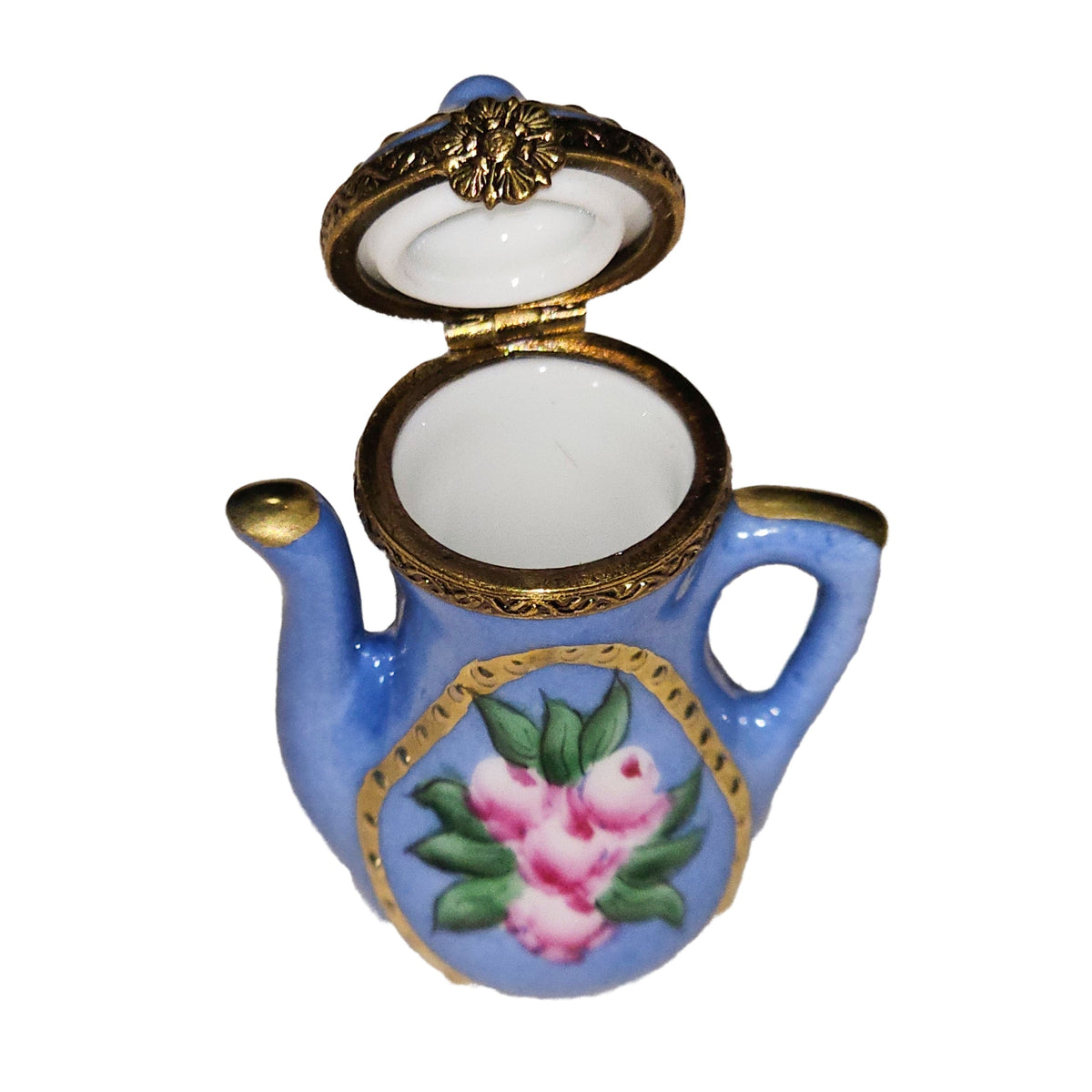 Blue Teapot w Roses Limoges Box Treasure for Collectors, view 2