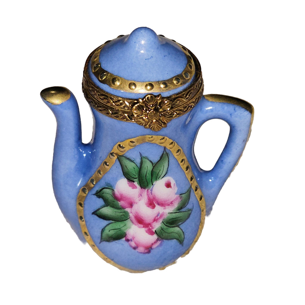 Blue Teapot w Roses Limoges Box Treasure for Collectors, a hand-painted Limoges porcelain gift