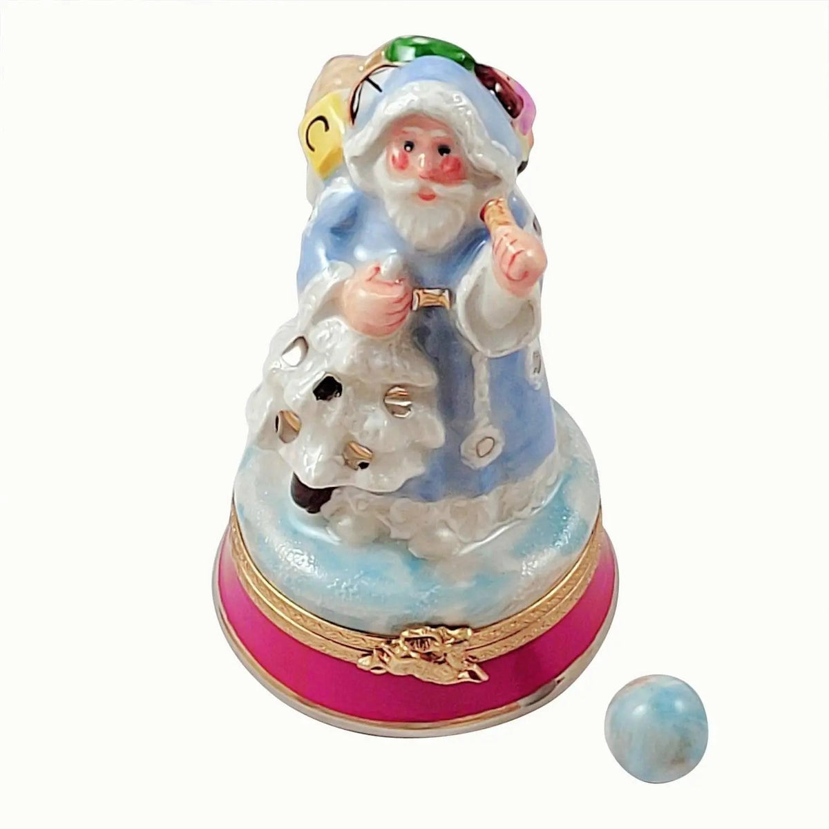 Blue Santa Christmas Bag Limoges Box, a hand-painted Limoges porcelain gift