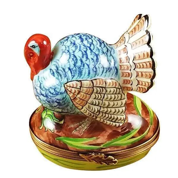 Blue Turkey with Cornstalk Limoges Box for Home Decor, a hand-painted Limoges porcelain gift