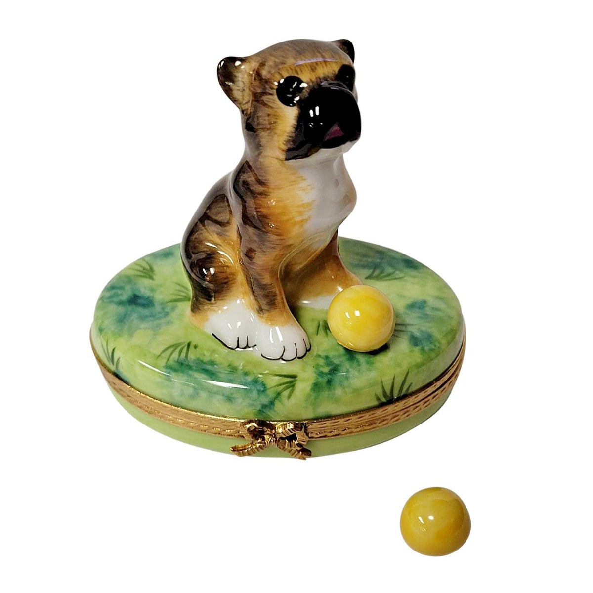 Boxer on Grass with Removable Ball Limoges Box Gift, a hand-painted Limoges porcelain gift