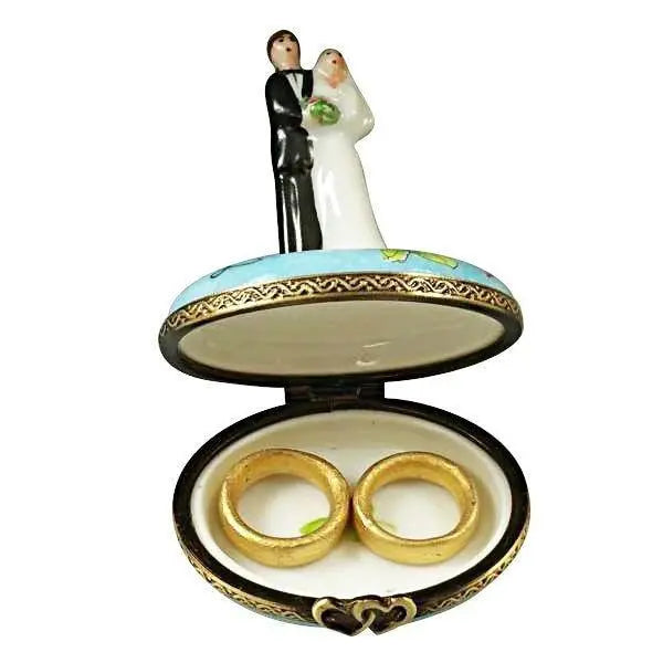 Hand-painted Bride and Groom with 2 Removable Rings Limoges box, French artistry for lovers of fine art