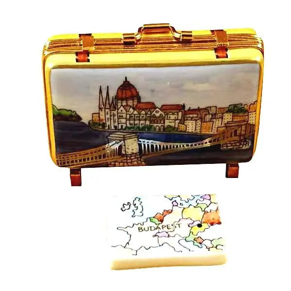Budapest Suitcase Limoges Box for Travel Enthusiasts, a hand-painted Limoges porcelain gift