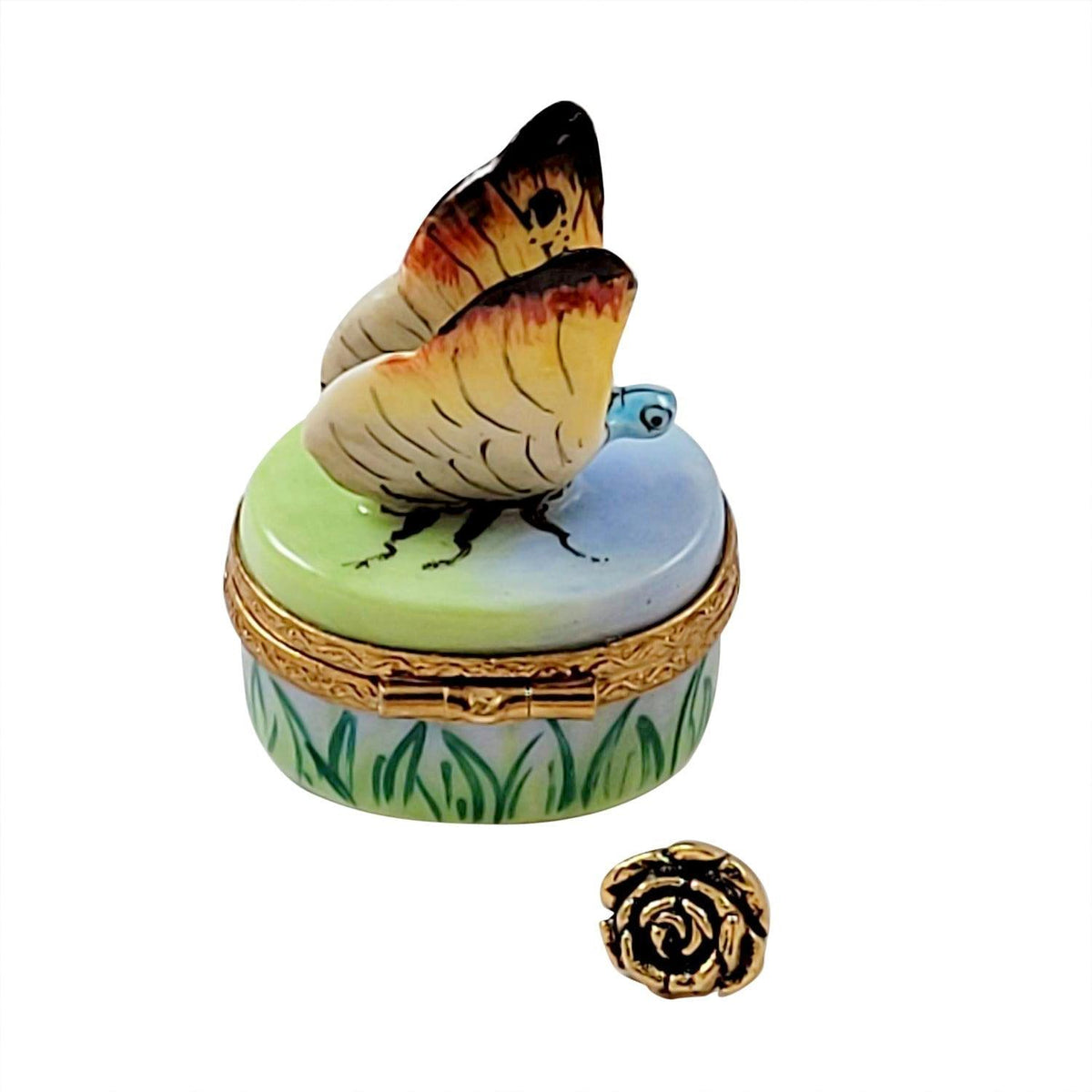 Butterfly With Removable Brass Flower Limoges Box French, view 3