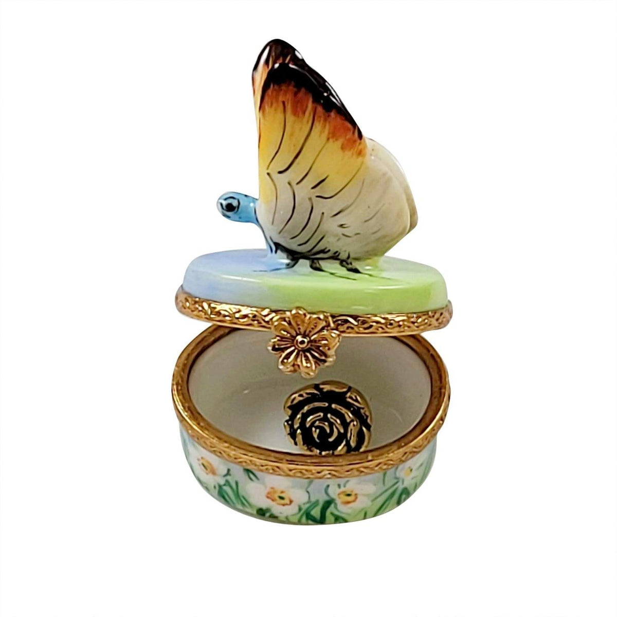Butterfly With Removable Brass Flower Limoges Box French, view 2
