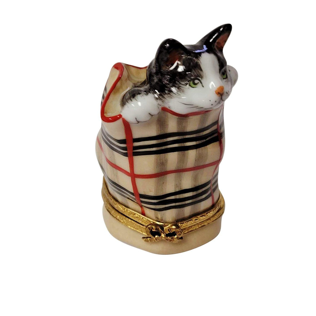 Cat in Berberry Bag with Ball of Yarn Limoges Box, a hand-painted Limoges porcelain gift
