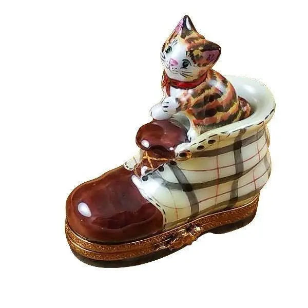 Cat in Scottish Plaid Boot Limoges Box for Cat Lovers, view 3