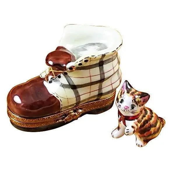 Cat in Scottish Plaid Boot Limoges Box for Cat Lovers, a hand-painted Limoges porcelain gift