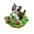 Cat on Leaf with Ladybug & Butterfly Limoges Box, a hand-painted Limoges porcelain gift