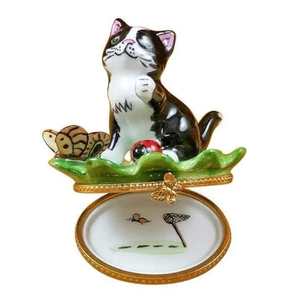 Cat on Leaf with Ladybug & Butterfly Limoges Box, view 2