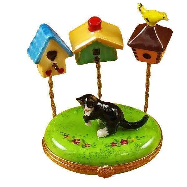 Cat with Three Birdhouses Limoges Box, a hand-painted Limoges porcelain gift