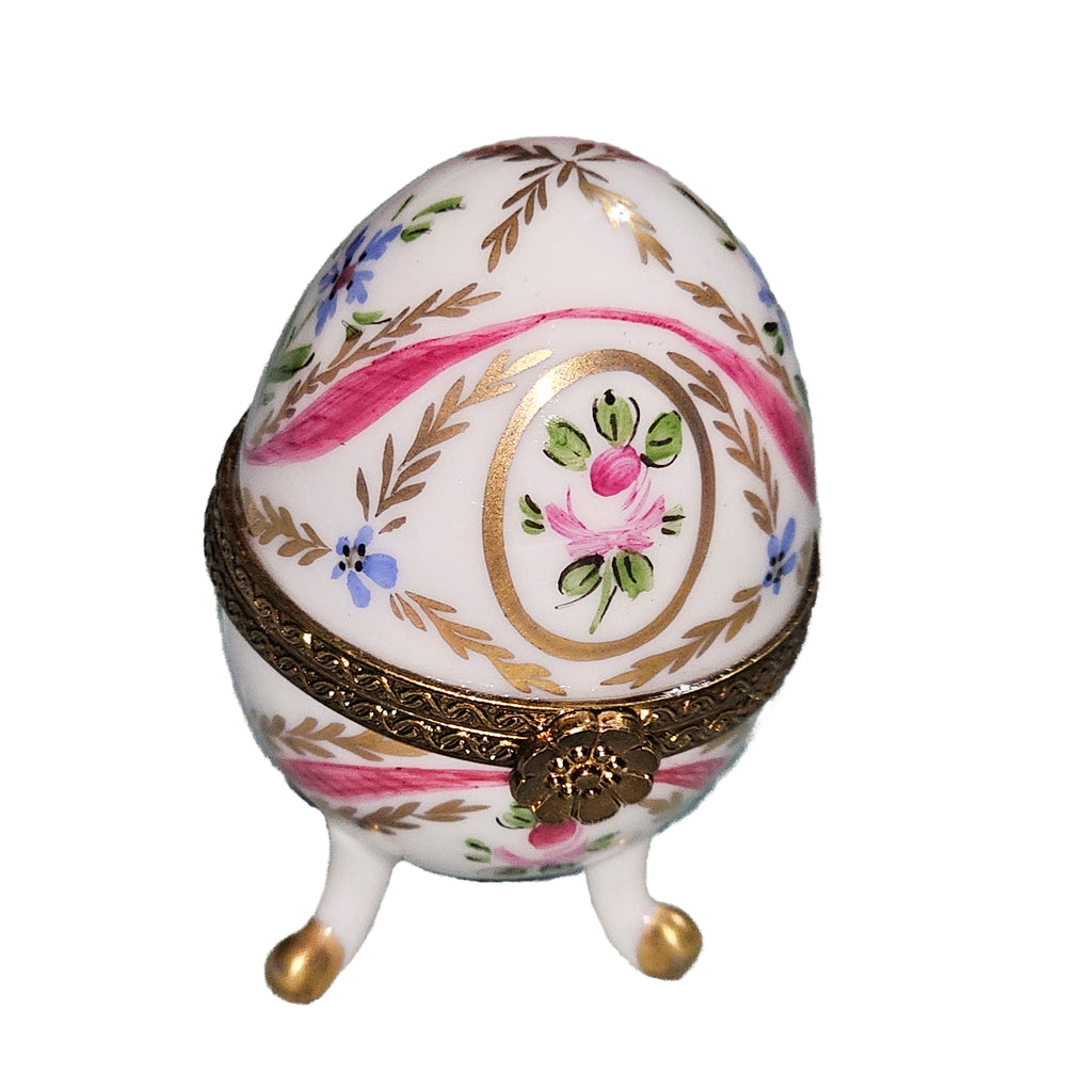 White Egg w Legs Pink Flower Limoges Box for Home Decor, a hand-painted Limoges porcelain gift
