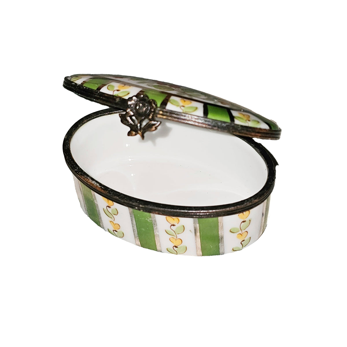 Oval W Green Stripes Flowers Limoges Box, view 2