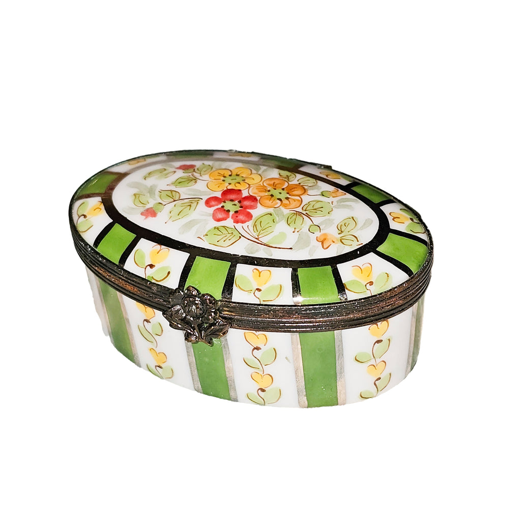Oval W Green Stripes Flowers Limoges Box, a hand-painted Limoges porcelain gift