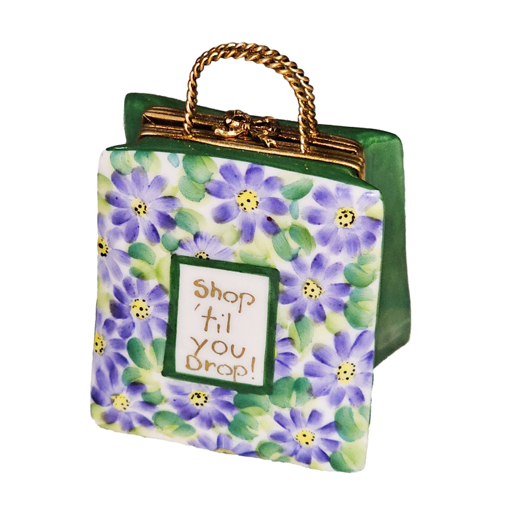 Shop Tlll You Drop Porcelain Art Object Lillacs Shopping Bag Limoges, a hand-painted Limoges porcelain gift