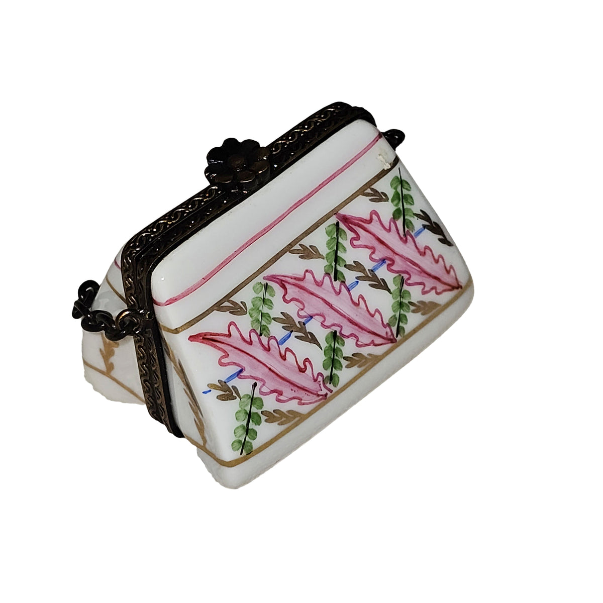 White Purse w Pink Design Limoges Box, a hand-painted Limoges porcelain gift