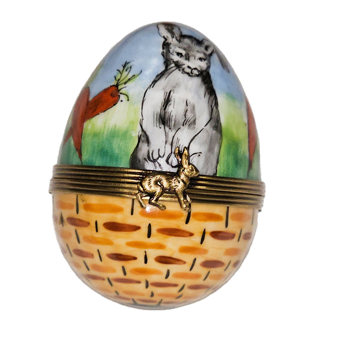 Rabbit w Carrot Painted on Egg, a hand-painted Limoges porcelain gift