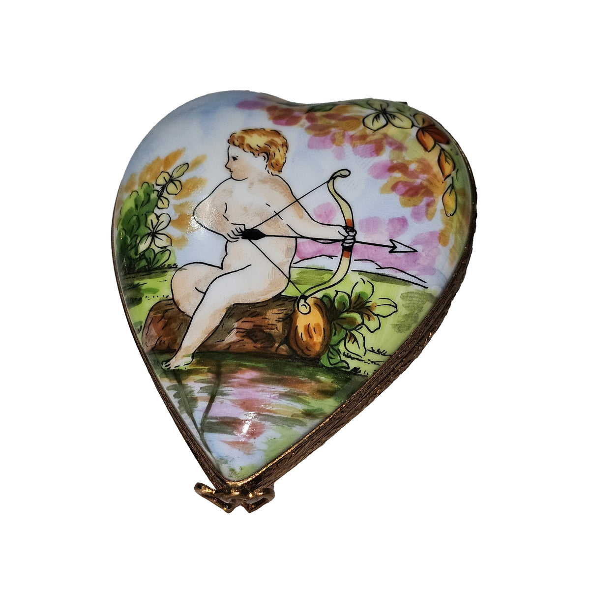 Cherub on Heart Love Porcelain Art Object, a hand-painted Limoges porcelain gift