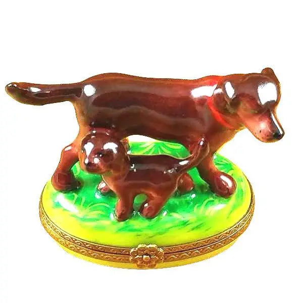 Chocolate Labrador with Puppy Limoges Box, a hand-painted Limoges porcelain gift