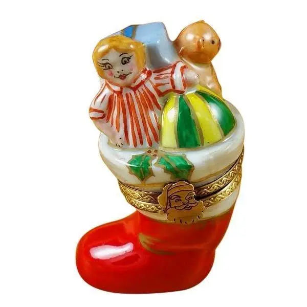 Christmas Boot Santa Stocking Limoges Box, a hand-painted Limoges porcelain gift