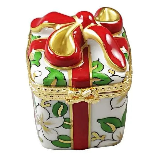 Christmas Gift Box with Red Bow Limoges Porcelain Art Object, a hand-painted Limoges porcelain gift