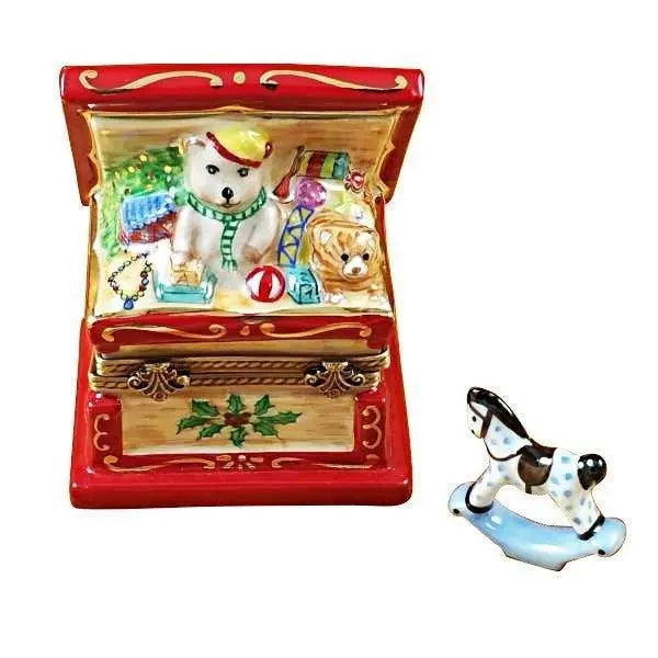 Christmas Toy Chest with Rocking Toy Limoges Box Collectible, a hand-painted Limoges porcelain gift