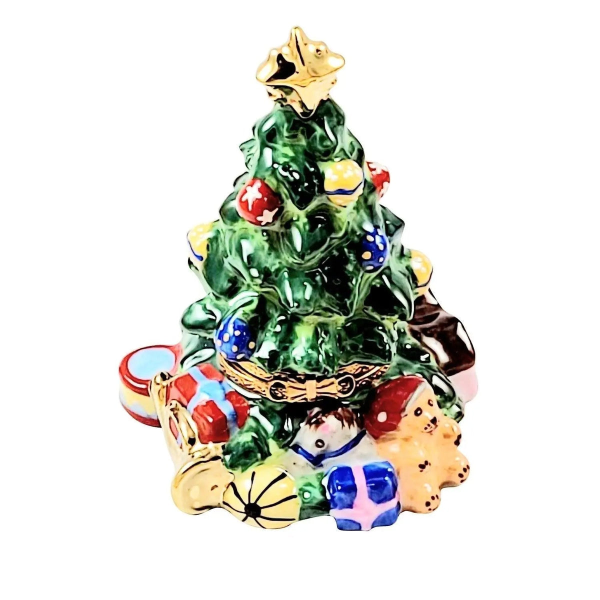 Christmas Tree with Teddy Presents Limoges Box, a hand-painted Limoges porcelain gift