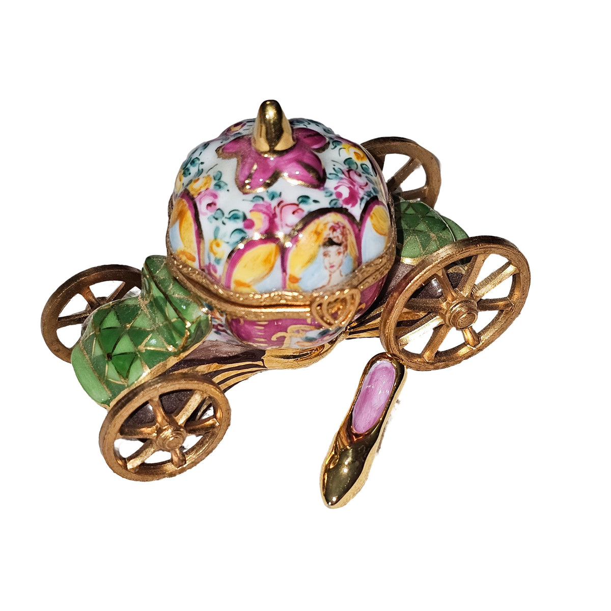 Cinderella Coach Yellow Green Pink Limoges Box for Gifts, a hand-painted Limoges porcelain gift