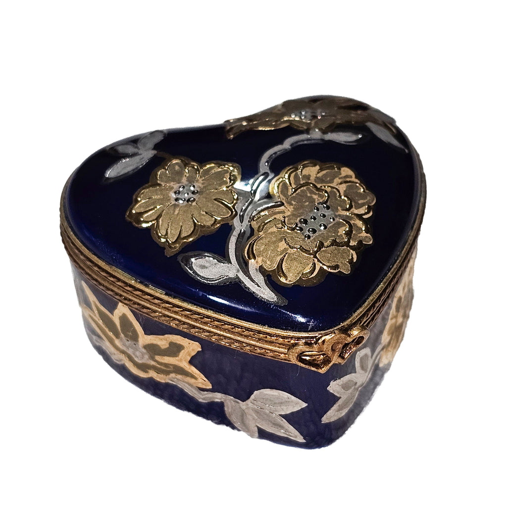 Cobalt Blue Heart w Gold Flowers Box, a hand-painted Limoges porcelain gift