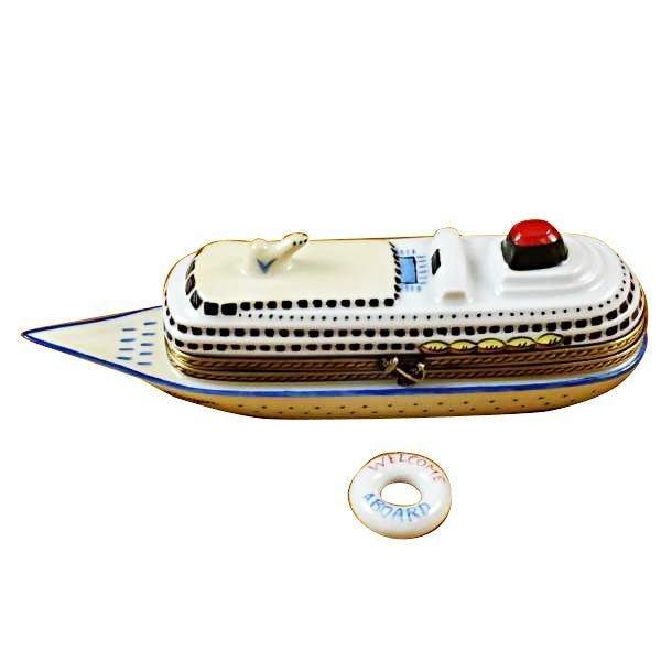 Cruise Ship with Life Buoy Limoges Box, a hand-painted Limoges porcelain gift