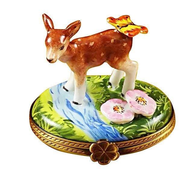 Deer Butterfly Flowers Limoges Box, a hand-painted Limoges porcelain gift