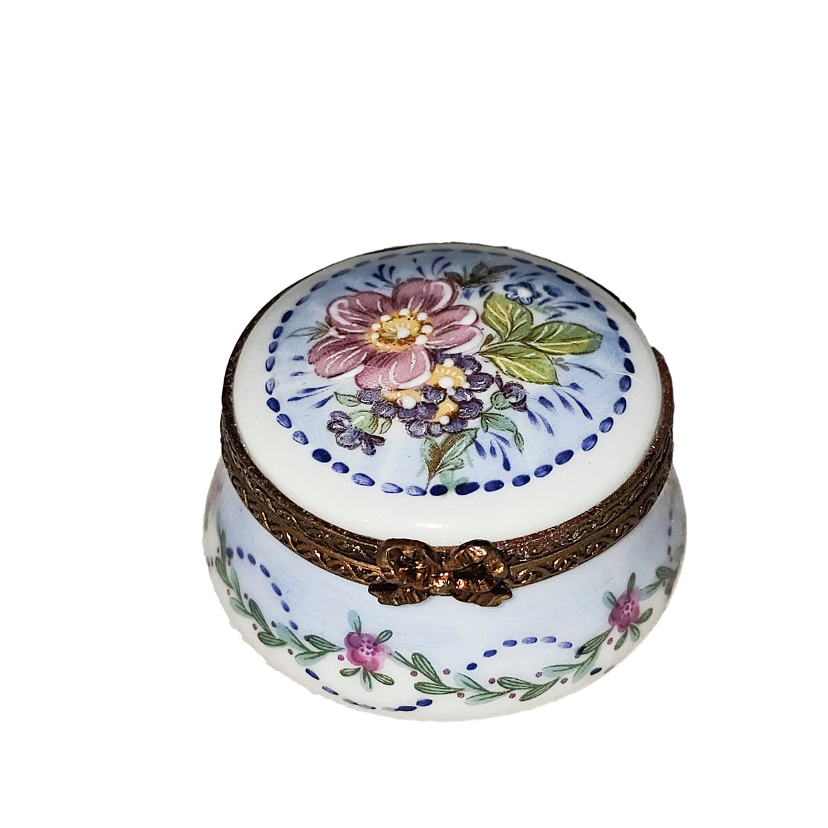 Rounded Box with Light Blue Pink Flowers, a hand-painted Limoges porcelain gift