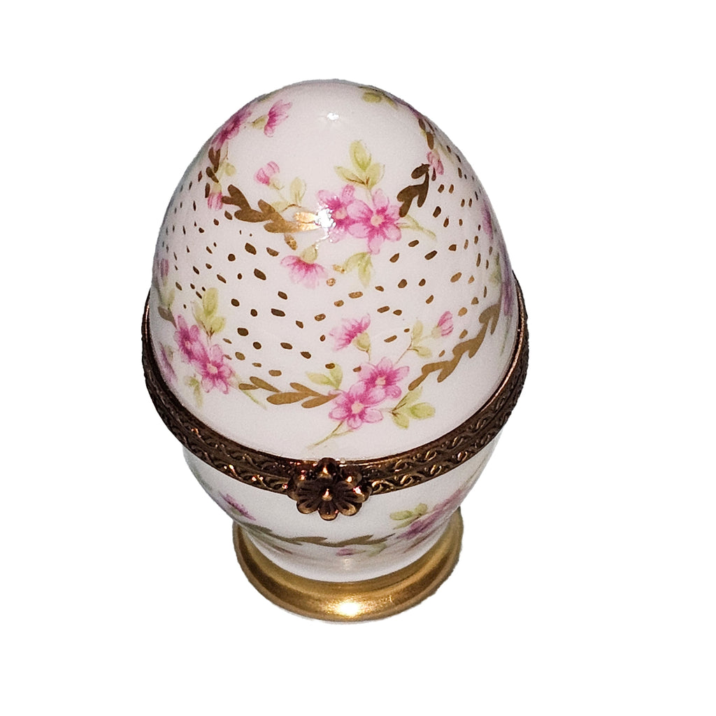 White Egg w Base w Pink Flowers, a hand-painted Limoges porcelain gift