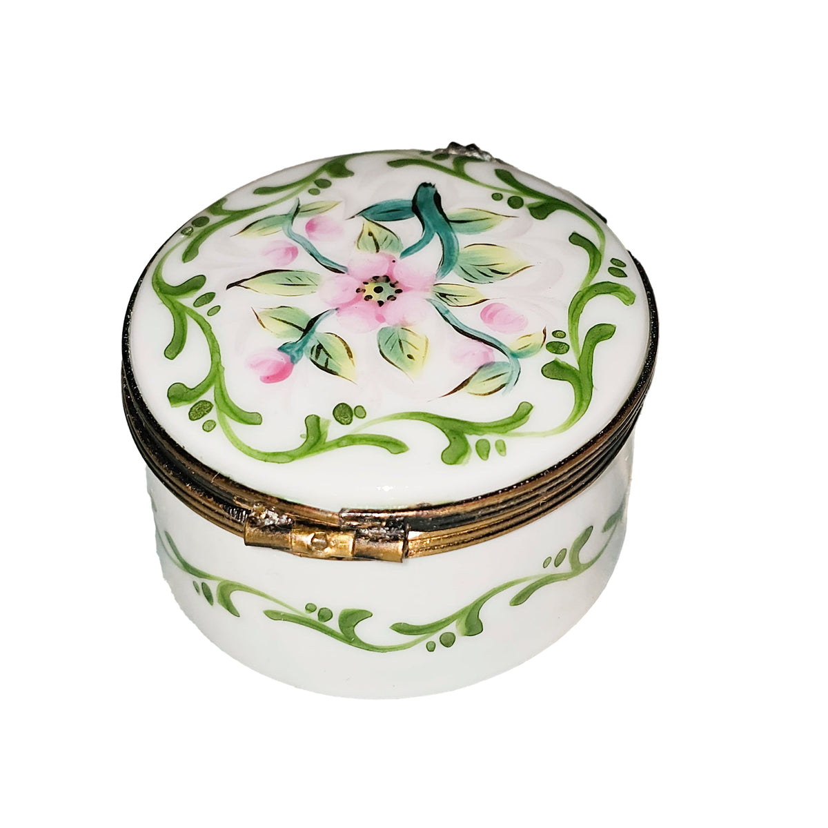 White Round w Pink Flowers Limoges Box, view 3