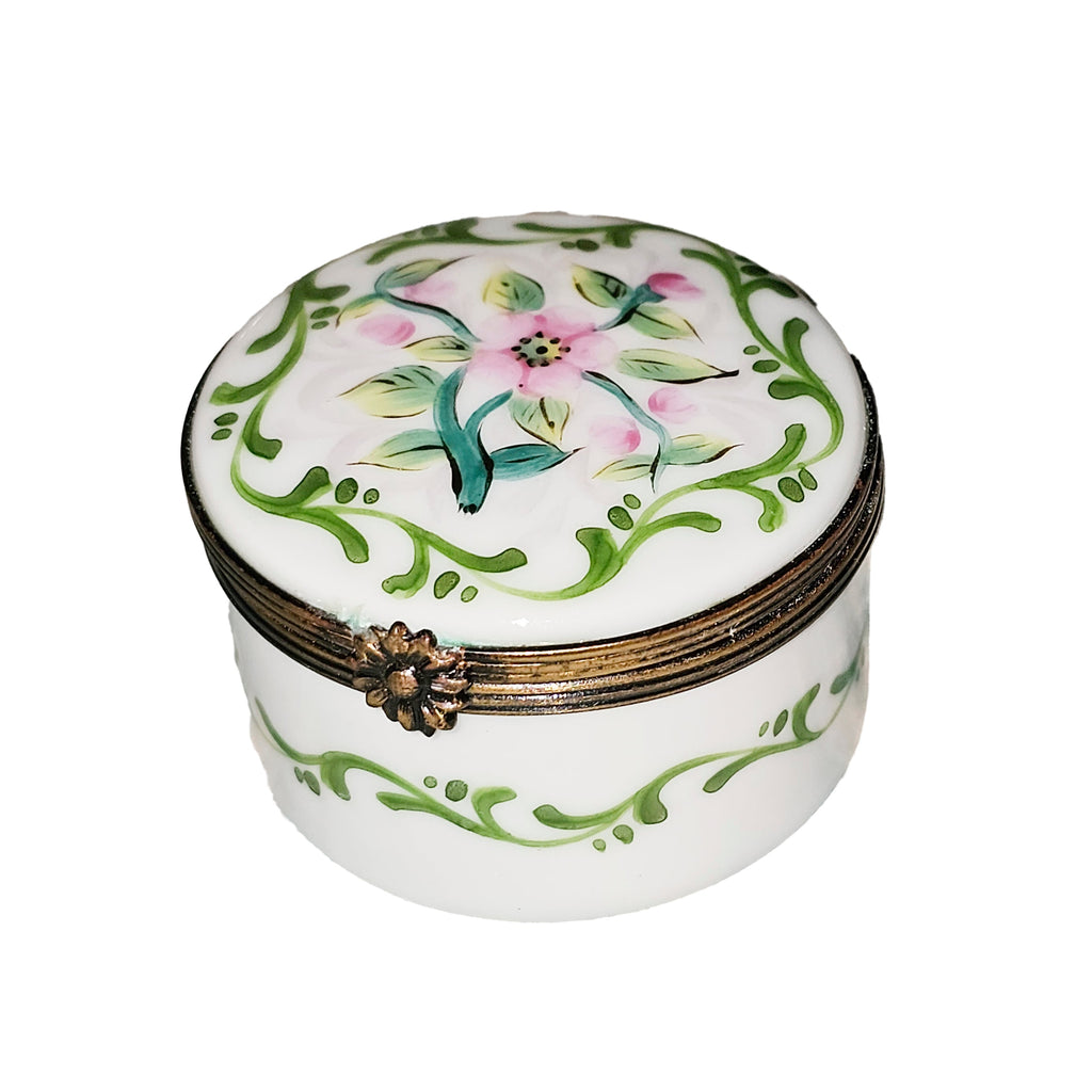 White Round w Pink Flowers Limoges Box, a hand-painted Limoges porcelain gift